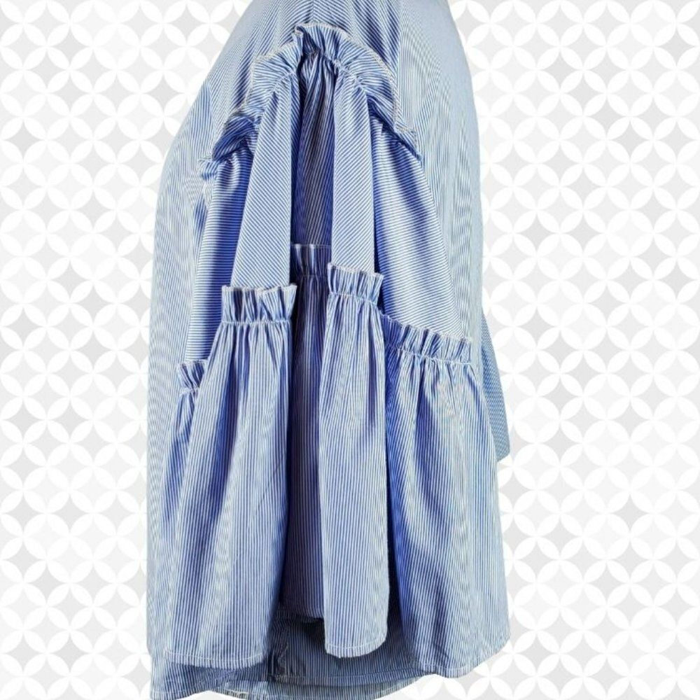 dRA Los Angeles blue & white pin striped wide ruffled bell sleeved blouse Sz M - Picture 7 of 10